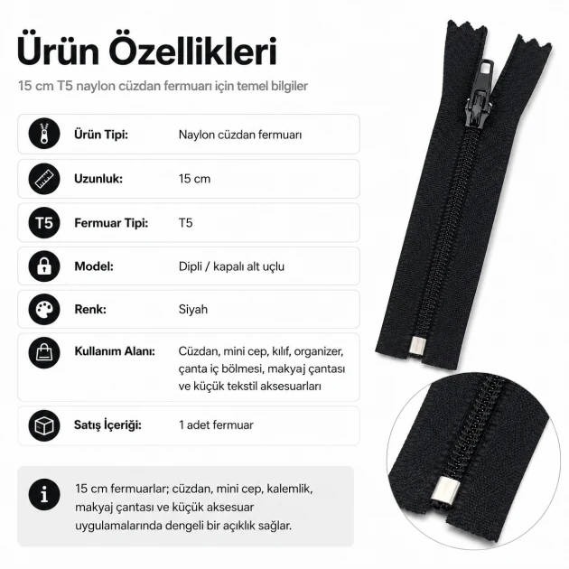 Cüzdan Fermuarı Naylon 15 cm T5, kapalı uçlu, mini cep, kılıf ve organizer için ideal
