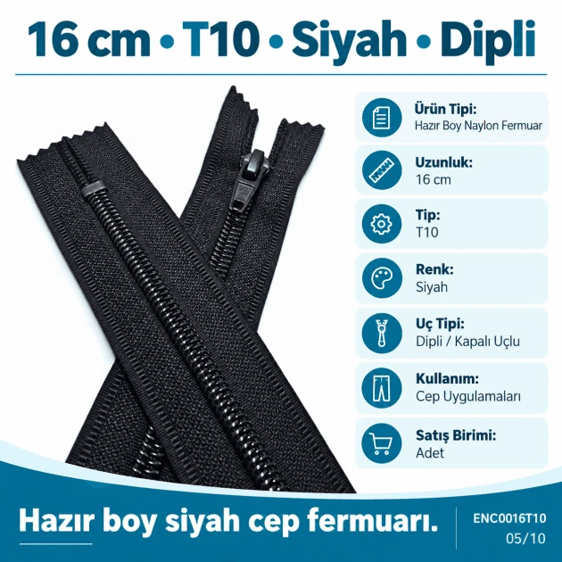Pocket Zipper Nylon 16 cm #5 Black Closed-End – ENC0016T10 for zippered pocket applications