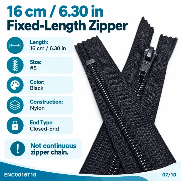 Pocket Zipper Nylon 16 cm #5 Black Closed-End – ENC0016T10 for zippered pocket applications