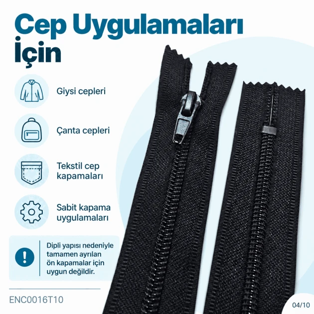 Pocket Zipper Nylon 16 cm #5 Black Closed-End – ENC0016T10 for zippered pocket applications
