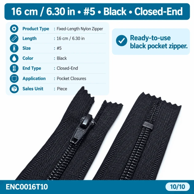 Pocket Zipper Nylon 16 cm #5 Black Closed-End – ENC0016T10 for zippered pocket applications