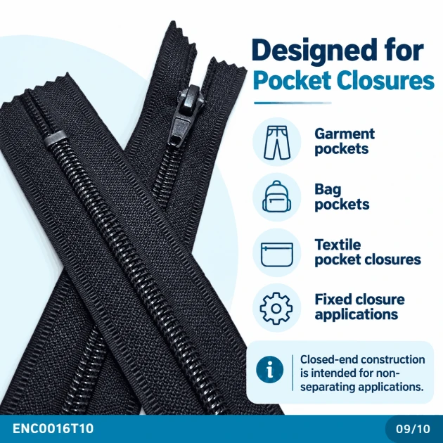 Pocket Zipper Nylon 16 cm #5 Black Closed-End – ENC0016T10 for zippered pocket applications