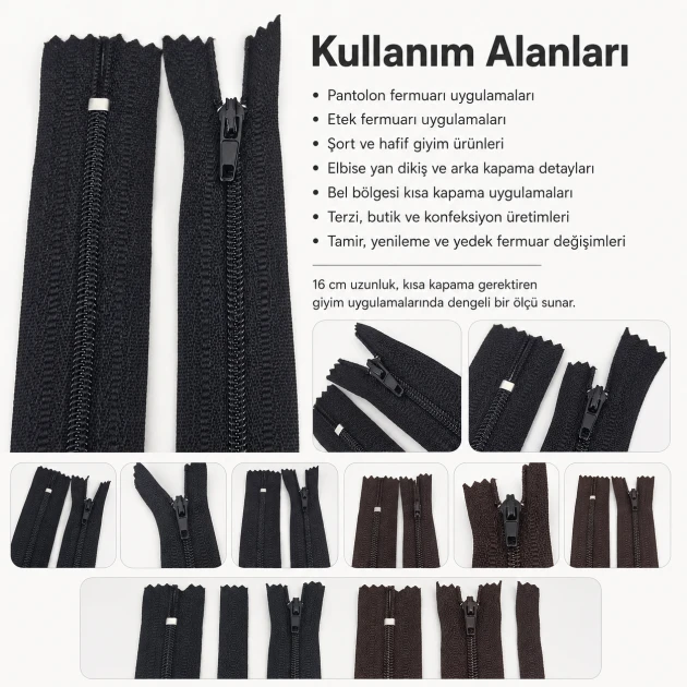 Naylon Pantolon ve Etek Fermuarı 16 cm T5, kapalı uçlu, siyah ve kahverengi renk seçenekleri ile pantolon, etek, şort ve
