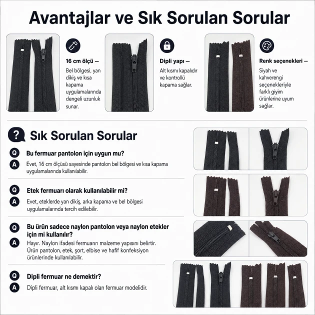 Naylon Pantolon ve Etek Fermuarı 16 cm T5, kapalı uçlu, siyah ve kahverengi renk seçenekleri ile pantolon, etek, şort ve