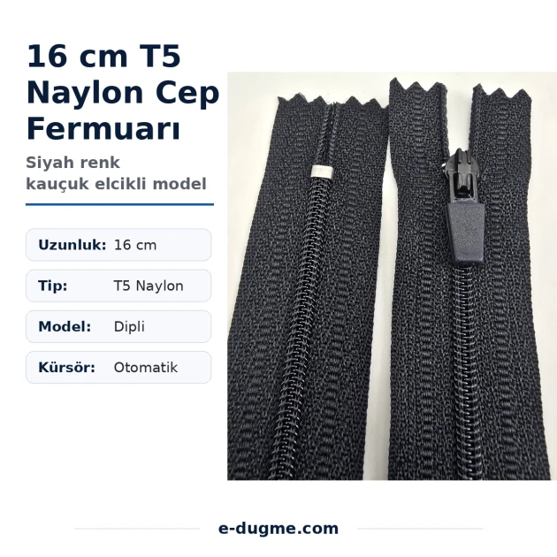 Nylon Pocket Zipper with Rubber Pull, 16 cm, #5 Bottom