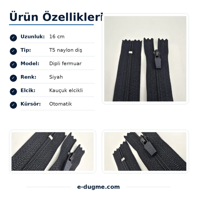 Nylon Pocket Zipper with Rubber Pull, 16 cm, #5 Bottom