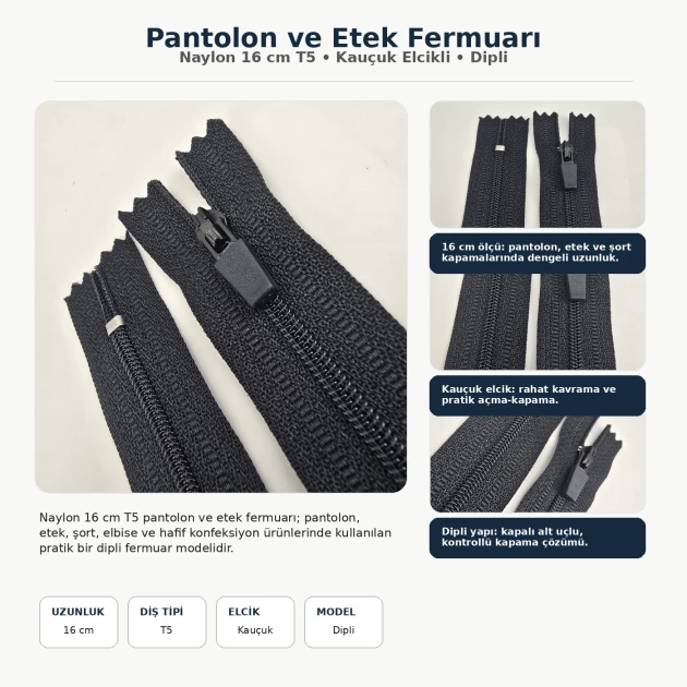 Nylon Pants and Skirt Zipper 16 cm / 6.30 in N3 with Rubber Puller for Tailoring and Apparel Projects