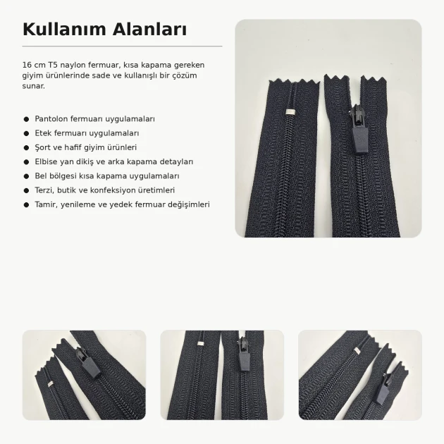 Nylon Pants and Skirt Zipper 16 cm / 6.30 in N3 with Rubber Puller for Tailoring and Apparel Projects