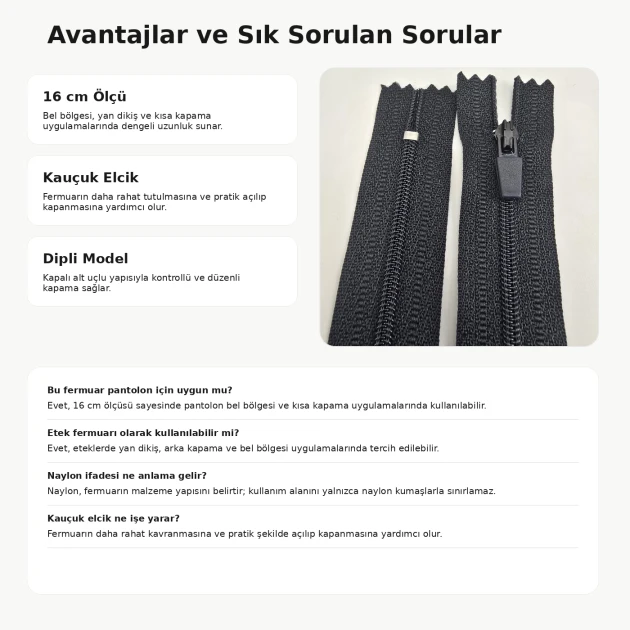 Nylon Pants and Skirt Zipper 16 cm / 6.30 in N3 with Rubber Puller for Tailoring and Apparel Projects