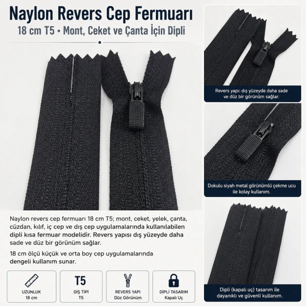 Reverse Pocket Zipper Nylon 18 cm / 7.09 in N3 for Jackets, Coats and Bags Closed End