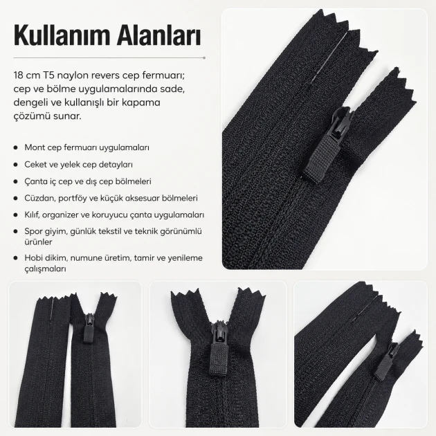 Reverse Pocket Zipper Nylon 18 cm / 7.09 in N3 for Jackets, Coats and Bags Closed End