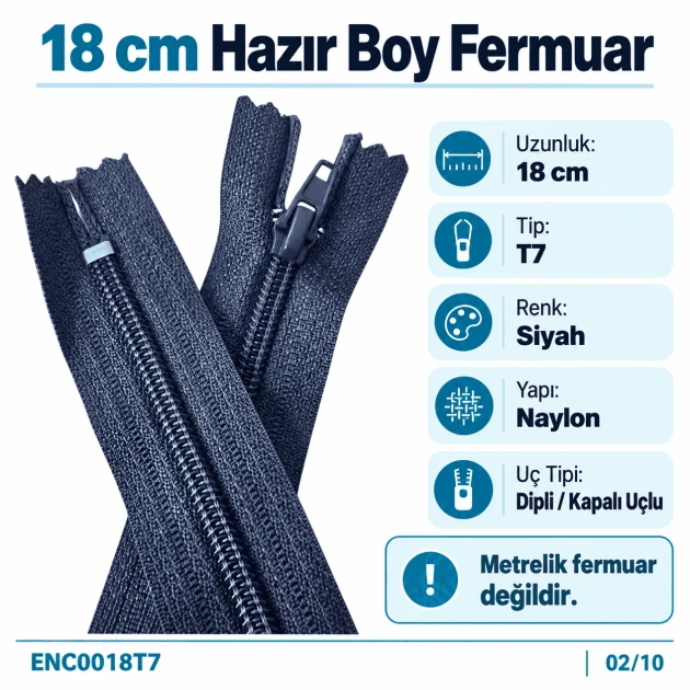 Cep Fermuarı Naylon 18 cm T7 Siyah Dipli, fermuarlı cepler için ideal kapama çözümü