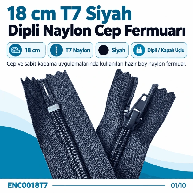 Cep Fermuarı Naylon 18 cm T7 Siyah Dipli, fermuarlı cepler için ideal kapama çözümü