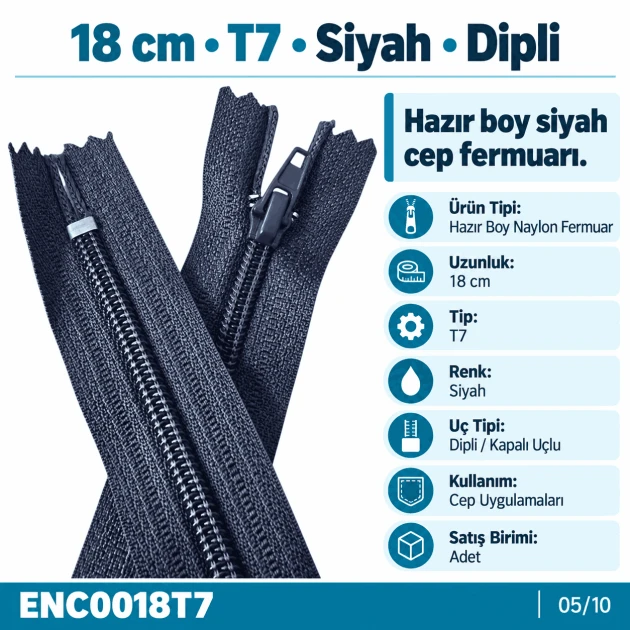 Cep Fermuarı Naylon 18 cm T7 Siyah Dipli, fermuarlı cepler için ideal kapama çözümü