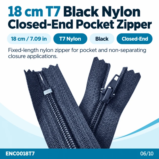 Cep Fermuarı Naylon 18 cm T7 Siyah Dipli, fermuarlı cepler için ideal kapama çözümü