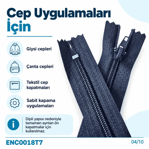 Cep Fermuarı Naylon 18 cm T7 Siyah Dipli, fermuarlı cepler için ideal kapama çözümü