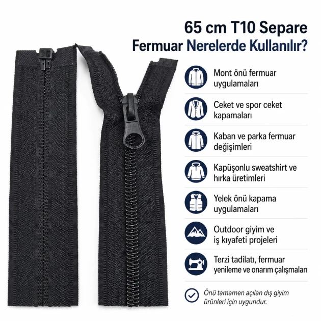 Jacket and Coat Zipper Nylon 65 cm / 25.59 in N5 Separating ENC0065T10 for durable and professional clothing repairs