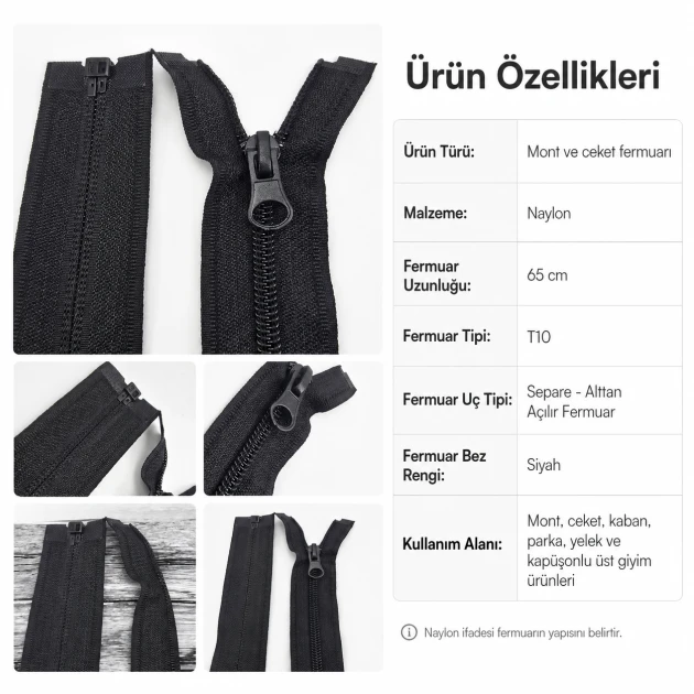 Jacket and Coat Zipper Nylon 65 cm / 25.59 in N5 Separating ENC0065T10 for durable and professional clothing repairs