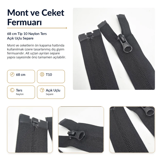 68 cm T10 Naylon Ters Mont ve Ceket Fermuarı – Açık Uçlu Separe Siyah