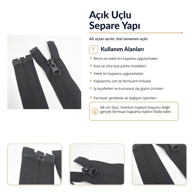 68 cm T10 Naylon Ters Mont ve Ceket Fermuarı – Açık Uçlu Separe Siyah