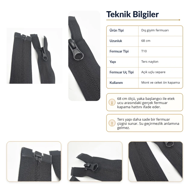 68 cm T10 Naylon Ters Mont ve Ceket Fermuarı – Açık Uçlu Separe Siyah