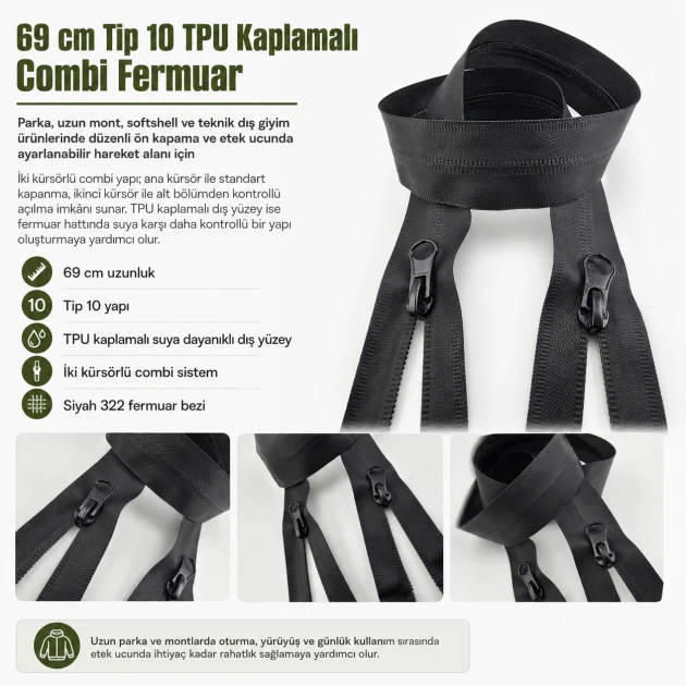 69 cm / 27.17 in N5 / #5 TPU-Coated Water-Resistant Combi Zipper for outdoor clothing and technical garments