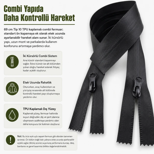 69 cm / 27.17 in N5 / #5 TPU-Coated Water-Resistant Combi Zipper for outdoor clothing and technical garments