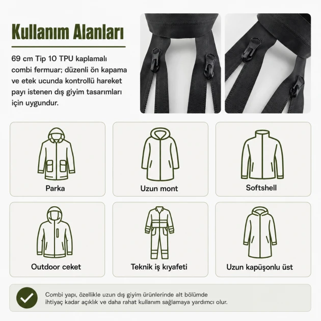 69 cm / 27.17 in N5 / #5 TPU-Coated Water-Resistant Combi Zipper for outdoor clothing and technical garments