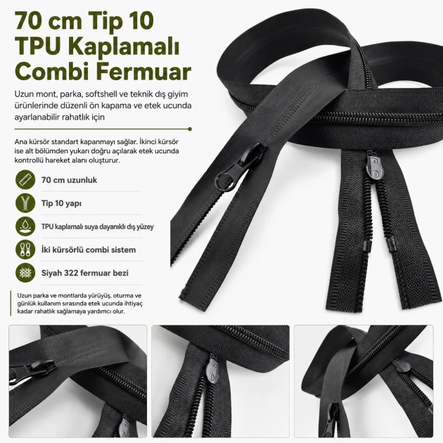 70 cm / 27.56 in N5 / #5 TPU-Coated Water-Resistant Combi Zipper for parkas and technical apparel
