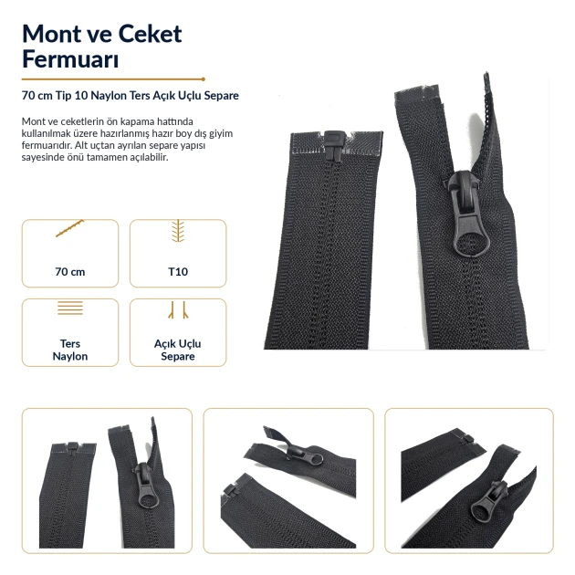70 cm T10 Naylon Ters Mont ve Ceket Fermuarı – Açık Uçlu Separe Siyah 322 ENC0070T10