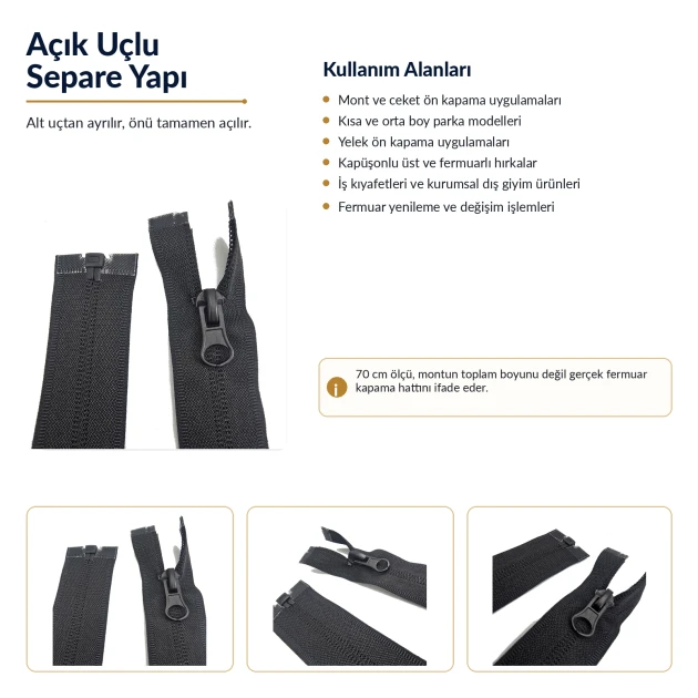 70 cm T10 Naylon Ters Mont ve Ceket Fermuarı – Açık Uçlu Separe Siyah 322 ENC0070T10