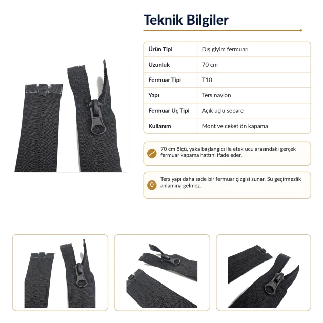 70 cm T10 Naylon Ters Mont ve Ceket Fermuarı – Açık Uçlu Separe Siyah 322 ENC0070T10