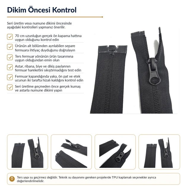 70 cm T10 Naylon Ters Mont ve Ceket Fermuarı – Açık Uçlu Separe Siyah 322 ENC0070T10