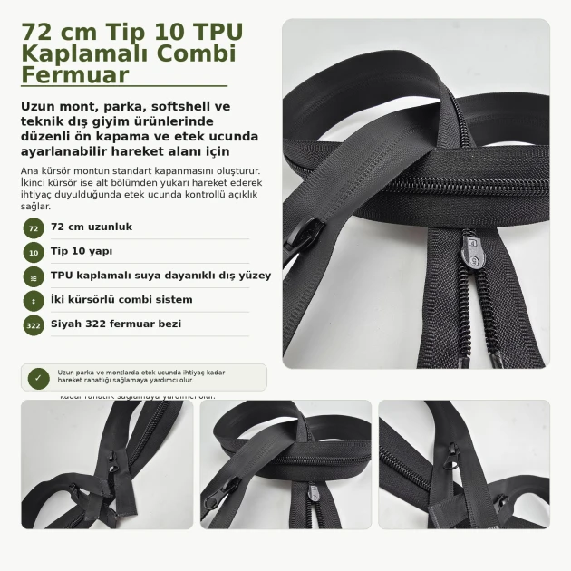72 cm / 28.35 in N5 / #5 TPU-Coated Water-Resistant Combi Zipper for parkas and technical apparel