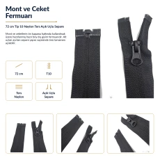 72 cm T10 Naylon Ters Mont ve Ceket Fermuarı – Açık Uçlu Separe Siyah 322 ENC0072T10