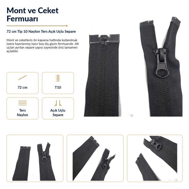 72 cm T10 naylon ters mont ve ceket fermuarı açık uçlu separe siyah 322 ENC0072T10