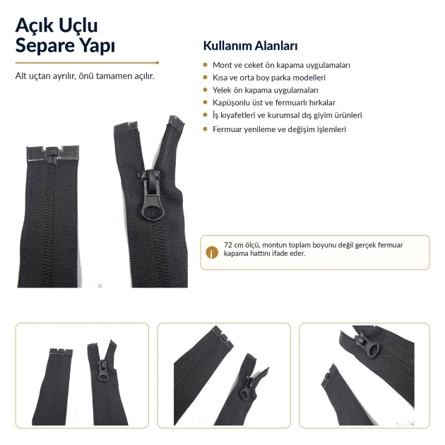 72 cm T10 naylon ters mont ve ceket fermuarı açık uçlu separe siyah 322 ENC0072T10