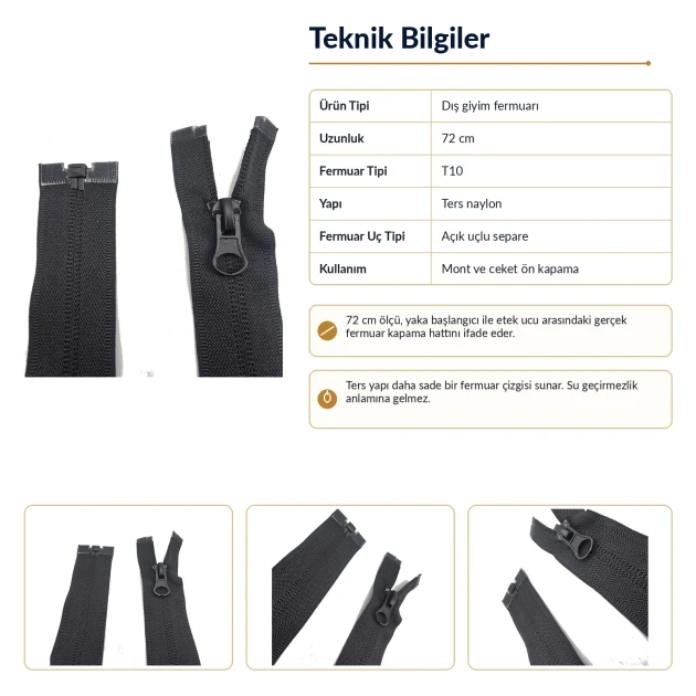 72 cm T10 naylon ters mont ve ceket fermuarı açık uçlu separe siyah 322 ENC0072T10
