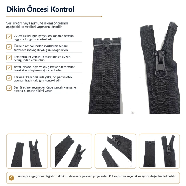 72 cm T10 naylon ters mont ve ceket fermuarı açık uçlu separe siyah 322 ENC0072T10