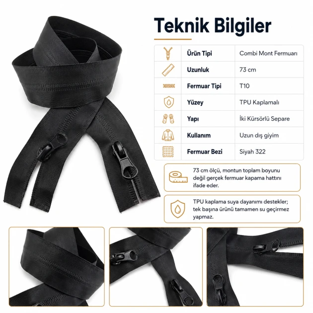 73 cm / 28.74 in N5 TPU-Coated Water-Resistant Two-Way Separating Zipper for Parkas and Outdoor Jackets