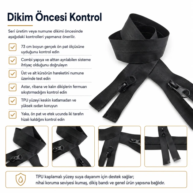 73 cm / 28.74 in N5 TPU-Coated Water-Resistant Two-Way Separating Zipper for Parkas and Outdoor Jackets