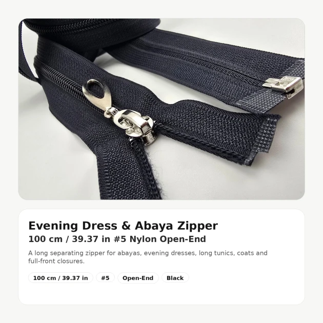 100 cm / 39.37 in N5 Nylon Coil Open-End Separating Zipper for Evening Dresses and Ferace