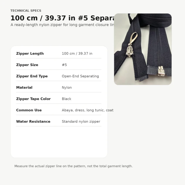 100 cm / 39.37 in N5 Nylon Coil Open-End Separating Zipper for Evening Dresses and Ferace