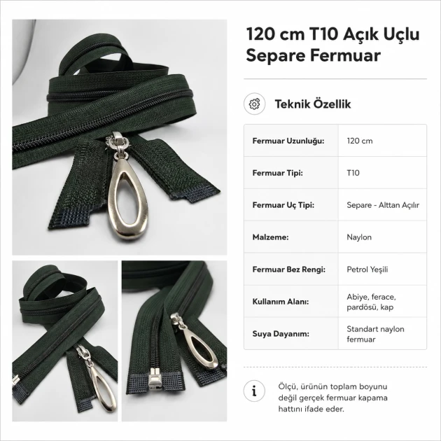 120 cm / 47.24 in N5 Nylon Coil Open-End Separating Zipper in Petrol Green for Evening Dresses and Ferace