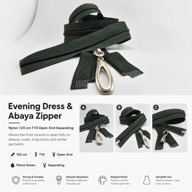 120 cm / 47.24 in N5 Nylon Coil Open-End Separating Zipper in Petrol Green for Evening Dresses and Ferace