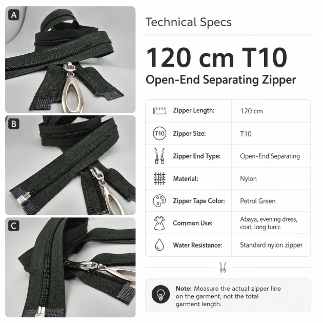 120 cm / 47.24 in N5 Nylon Coil Open-End Separating Zipper in Petrol Green for Evening Dresses and Ferace