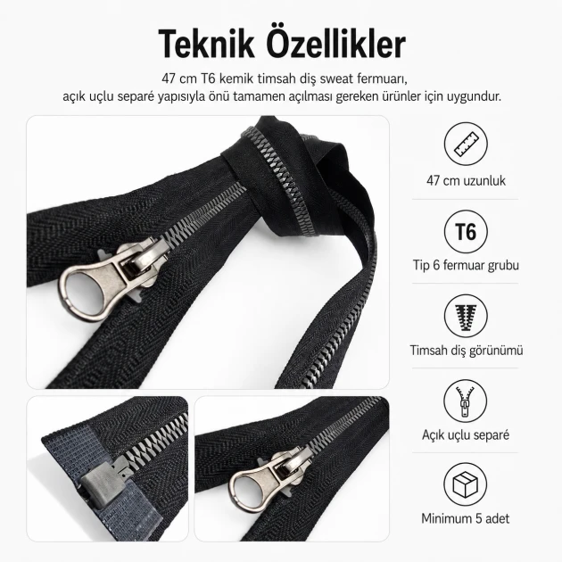 47 cm / 18.50 in T6 Crocodile Tooth Molded Sweatshirt Zipper, Open-End Separating for hoodies and lightweight outerwear