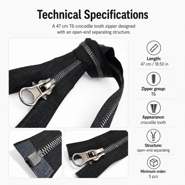 47 cm / 18.50 in T6 Crocodile Tooth Molded Sweatshirt Zipper, Open-End Separating for hoodies and lightweight outerwear