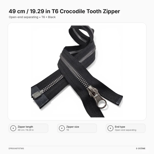 49 cm / 19.29 in T6 Crocodile Tooth Molded Sweatshirt Zipper, Open-End Separating for hoodies and lightweight outerwear