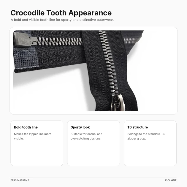 49 cm / 19.29 in T6 Crocodile Tooth Molded Sweatshirt Zipper, Open-End Separating for hoodies and lightweight outerwear